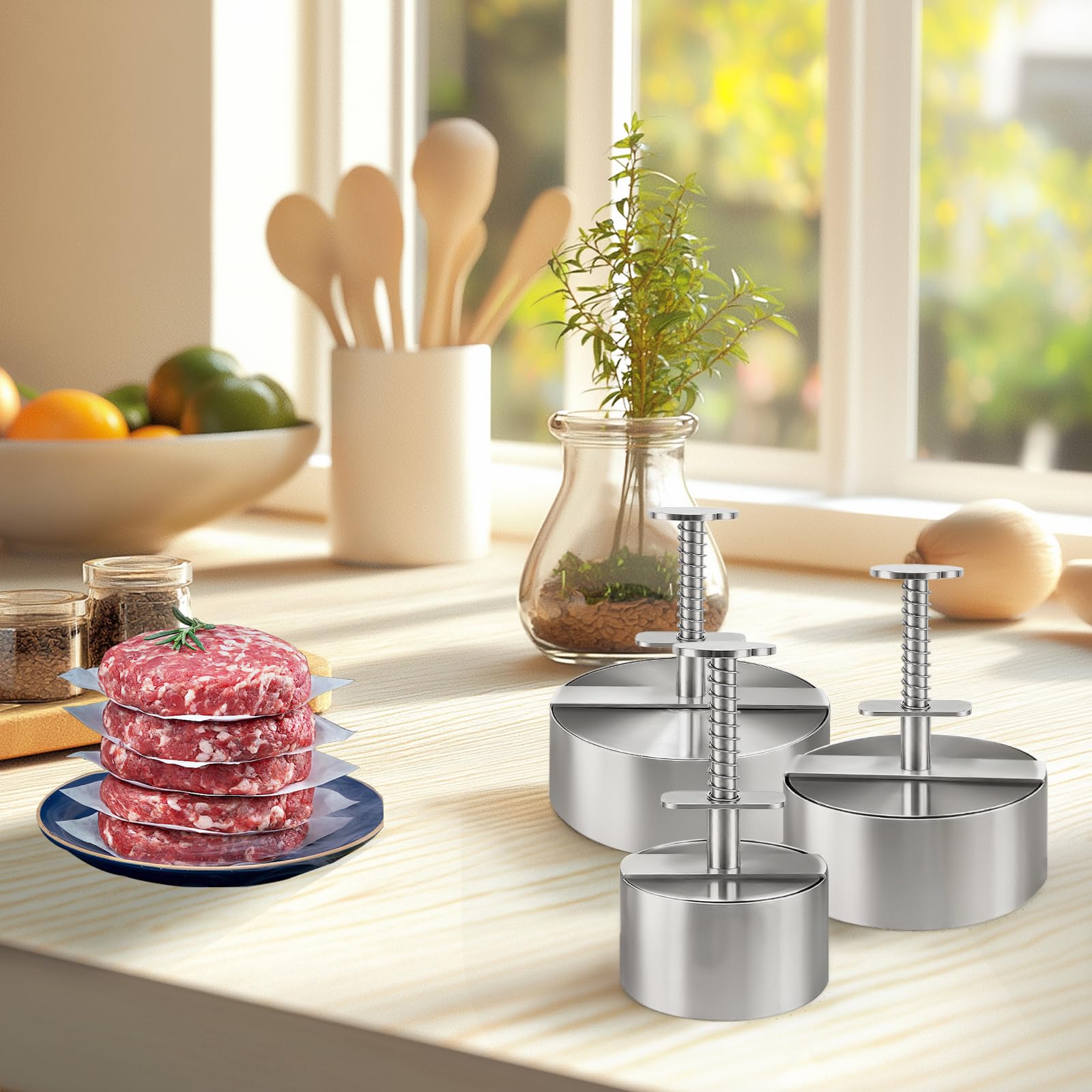 Presse à Burger Acier Inoxydable 304, Moule Steak Haché 8/11,5/14 cm, Antiadhésif pour Barbecue