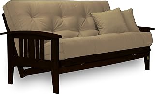 Westfield Complete Futon Set - Espresso Finish (Warm Black) - Full or Queen Size, Mission Style Wood Futon Frame with Mattress Included (Pet Friendly Microfiber Khaki), More Mattress Colors Available