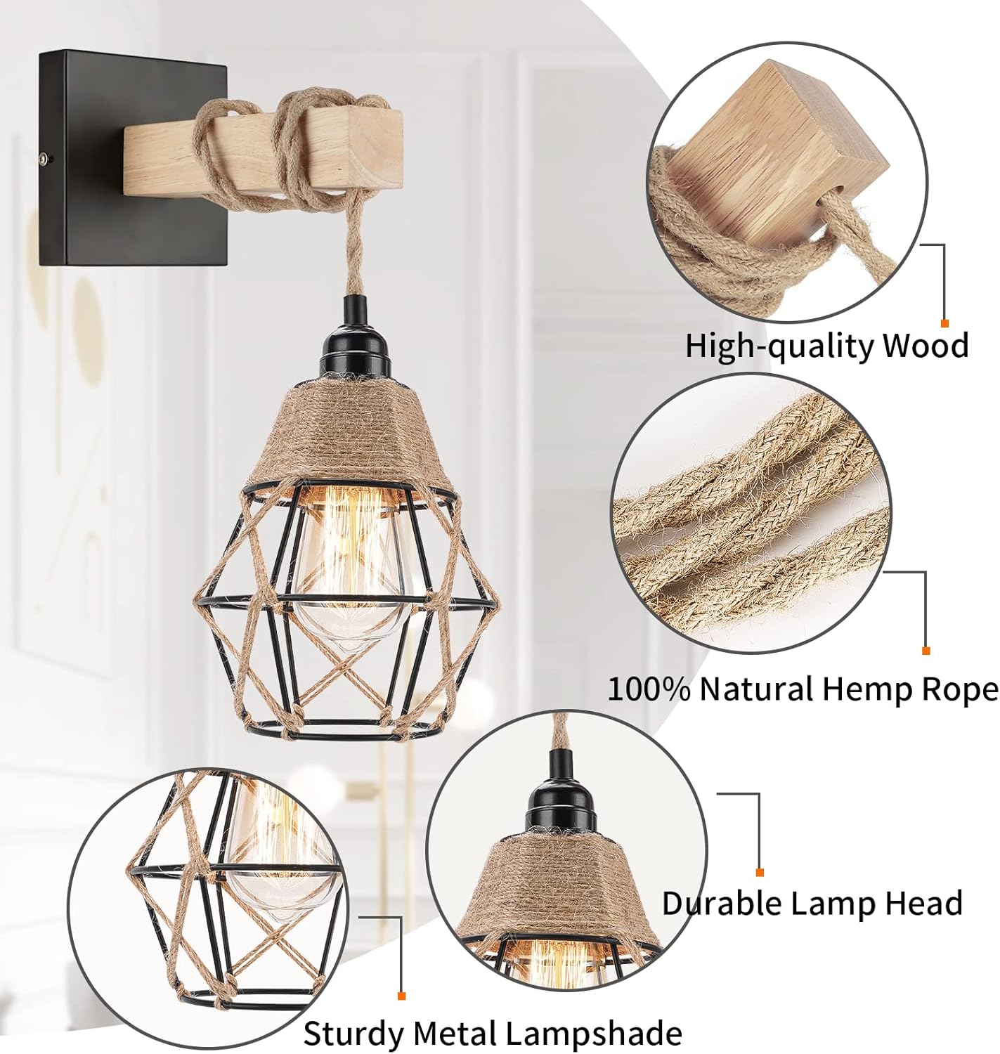 Farmhouse Rustic Wall Sconce with Switch | Handwoven Hardwired Boho Sconce Light | Dimmable Indoor Wall Mount Lamp for Bedroom, Living Room, Hallway | Home Wall Decor Lighting