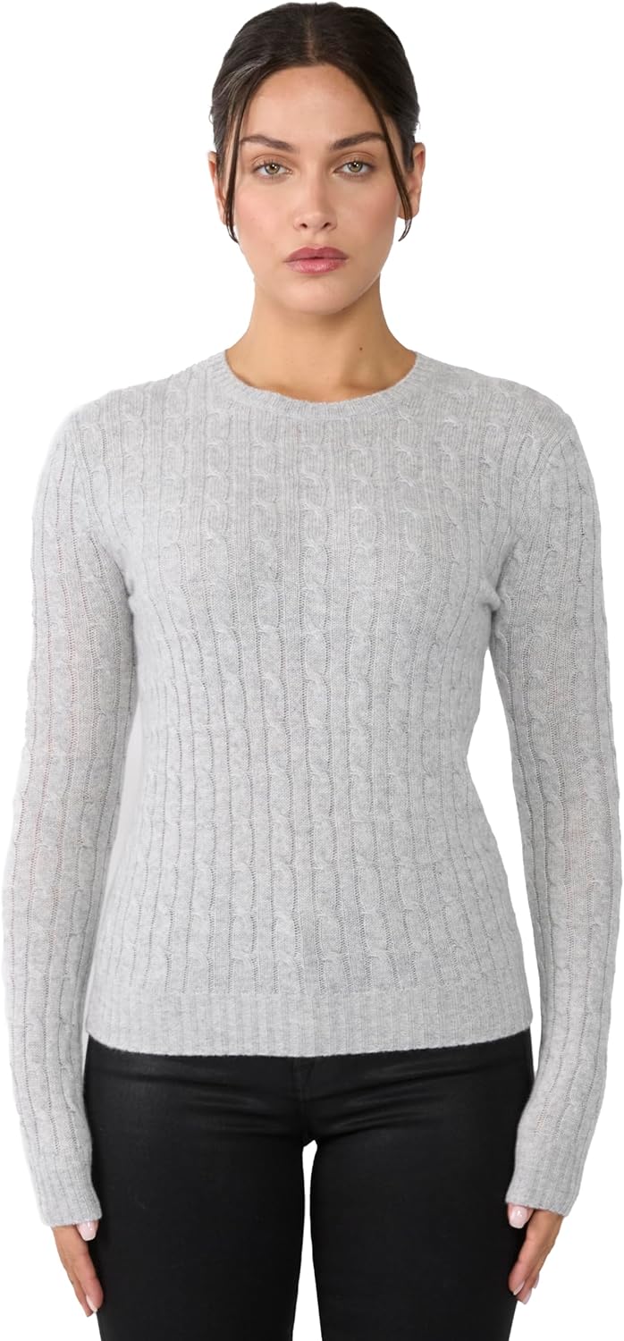 JENNIE LIU Women's 100% Cashmere Cable-Knit Long Sleeve Pullover Crew Neck Sweater
