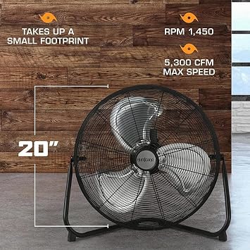 Hurricane Pro Heavy-Duty High Velocity Metal Blade Floor Fan w/ 3 Speeds, Black, 20 - Corded Electric Air Cooling Unit w/ 5300 CFM Airflow for Home, Greenhouses, Garages, Gyms & Workshops