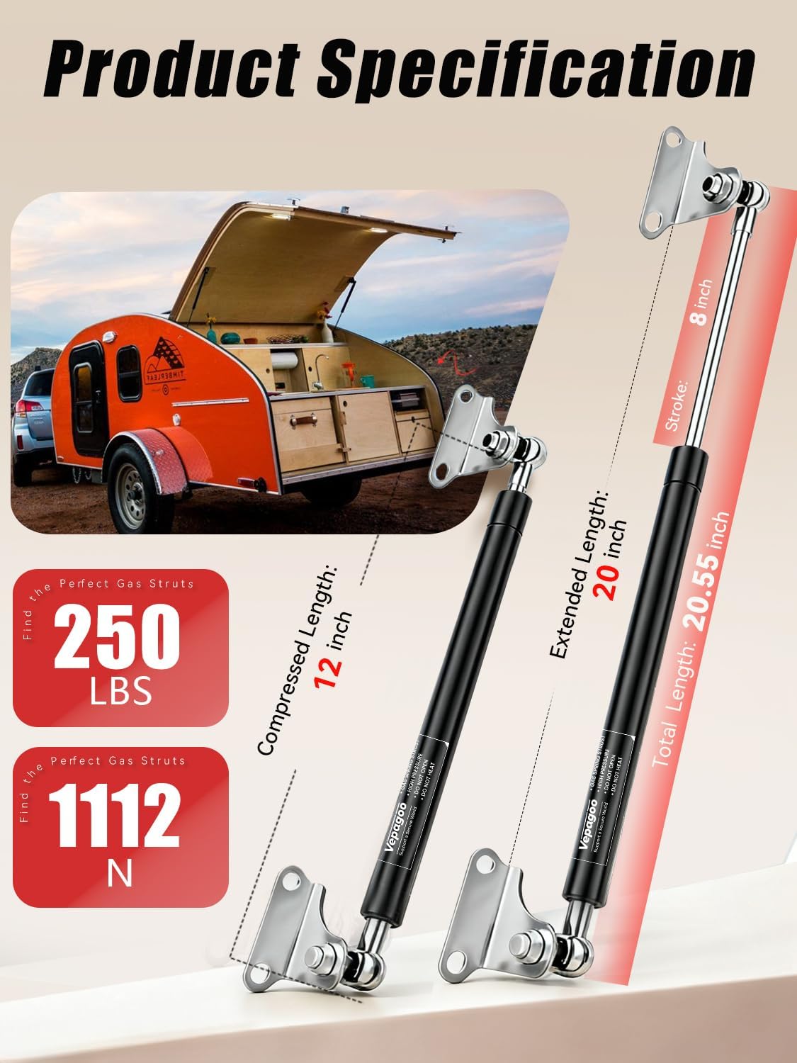 Vepagoo Gas Struts 20 Inch 250Lb/1112N Shock with Mounting Brackets, RV Bed Storage Door Lift Kit, Heavy Lid Duty Support Springs (Fit 235lb-265lb Lid), 2pcs (1pair)