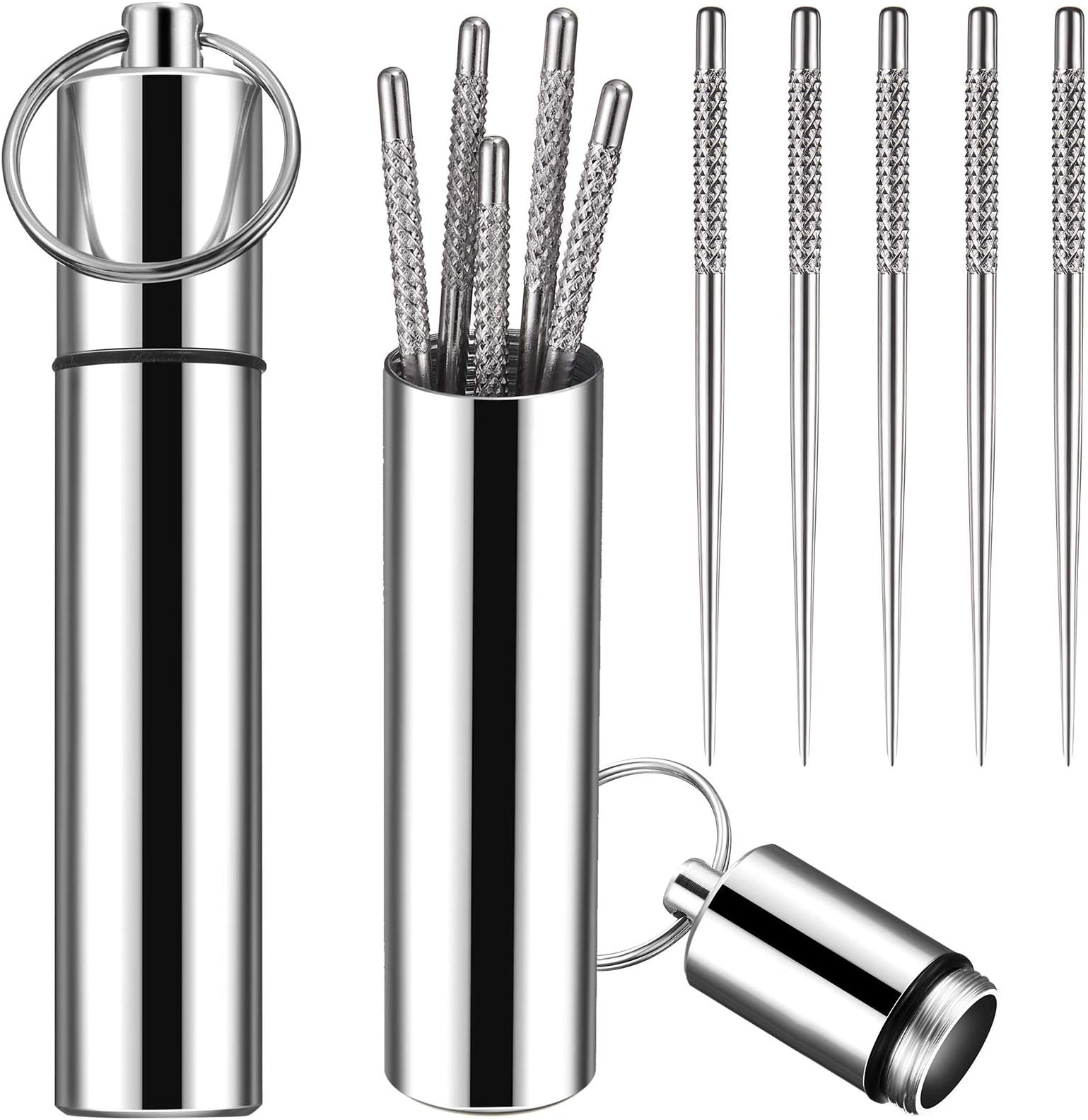Geiserailie Portable Mini Pocket Titanium Toothpick Holder with 10 Pieces Reusable Titanium Toothpicks Waterproof Toothpick Case Toothpick Fruit Picks for Outdoor Picnic Camping Traveling(Silver)