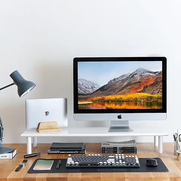 ROCDEER Bamboo Dual Monitor Stand Riser White, Desk Monitor Riser for 2 Monitors, Supports for PC Computer Monitor, Printer, Heavy TV Riser up to 300 lbs, White