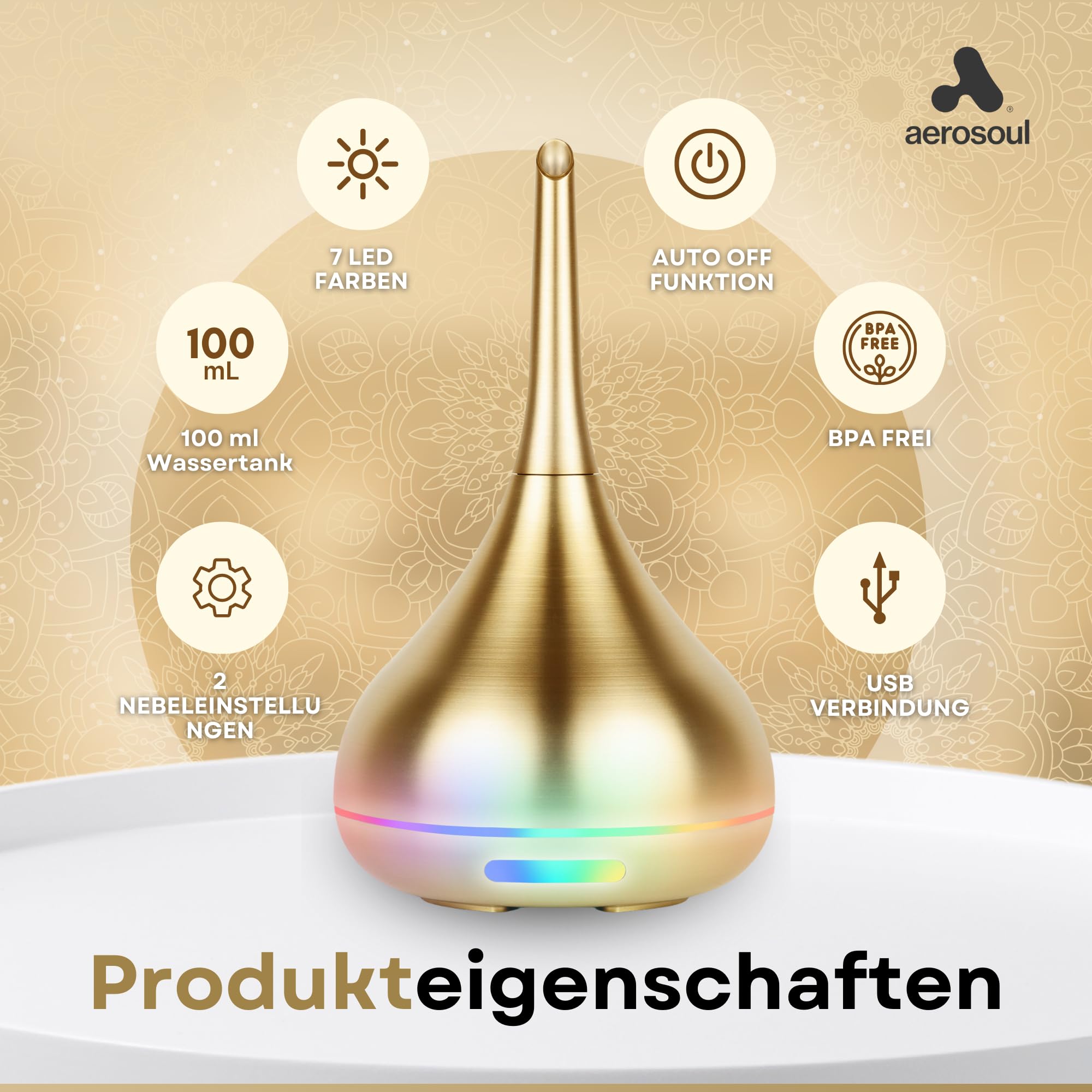 Aerosoul® Drop Aroma Diffuser 100ml Duftöl Diffuser 6h Nebel 7 LED, Gold