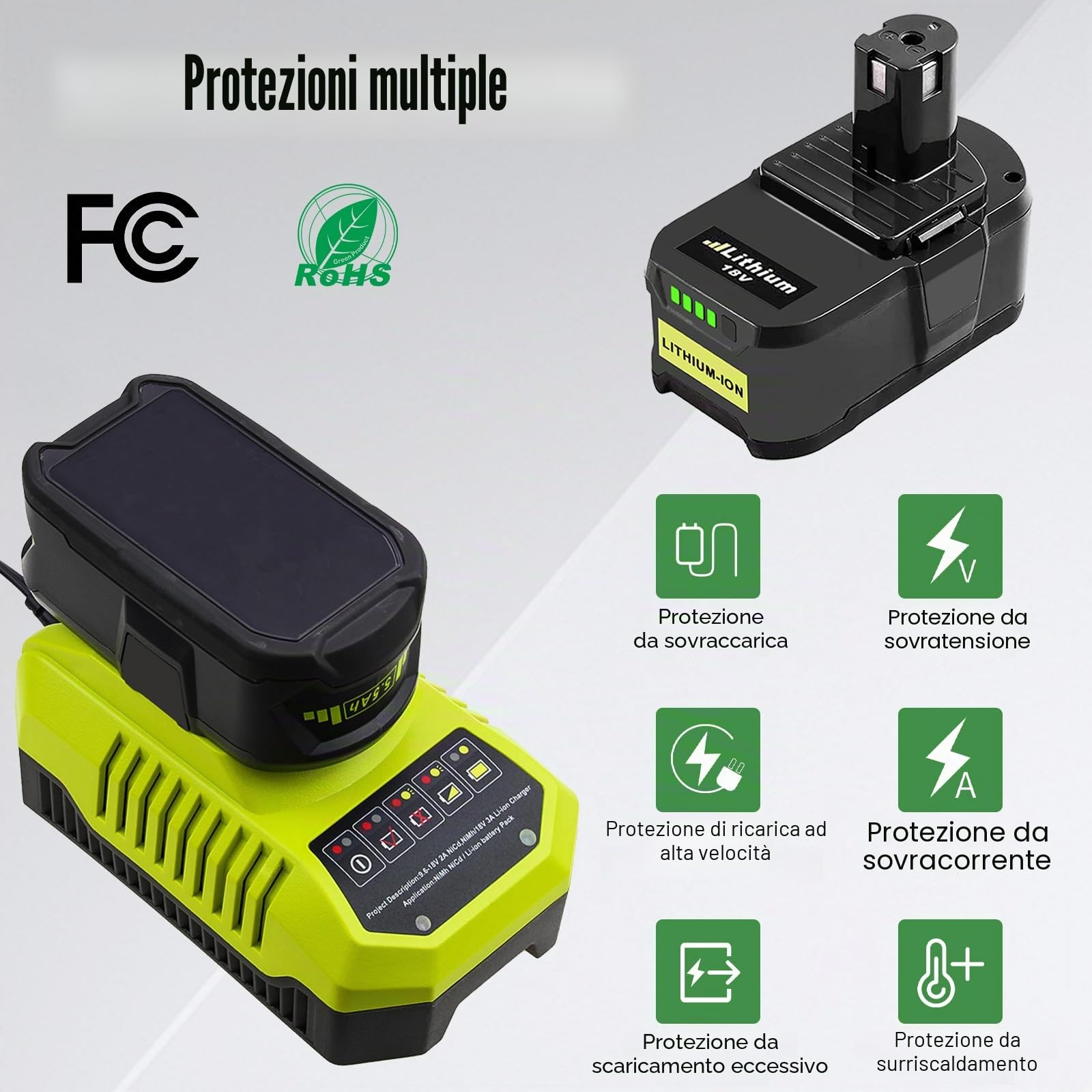 Ricambio Batteria per Ryobi 18V 5.5Ah e BCL14181H 9.6V-18V Caricatore RB18L50 RB18L40 RB18L30 RB18L25 RB18L20 RB18L15 P108 P18900 P1900 P191 P192 ecc