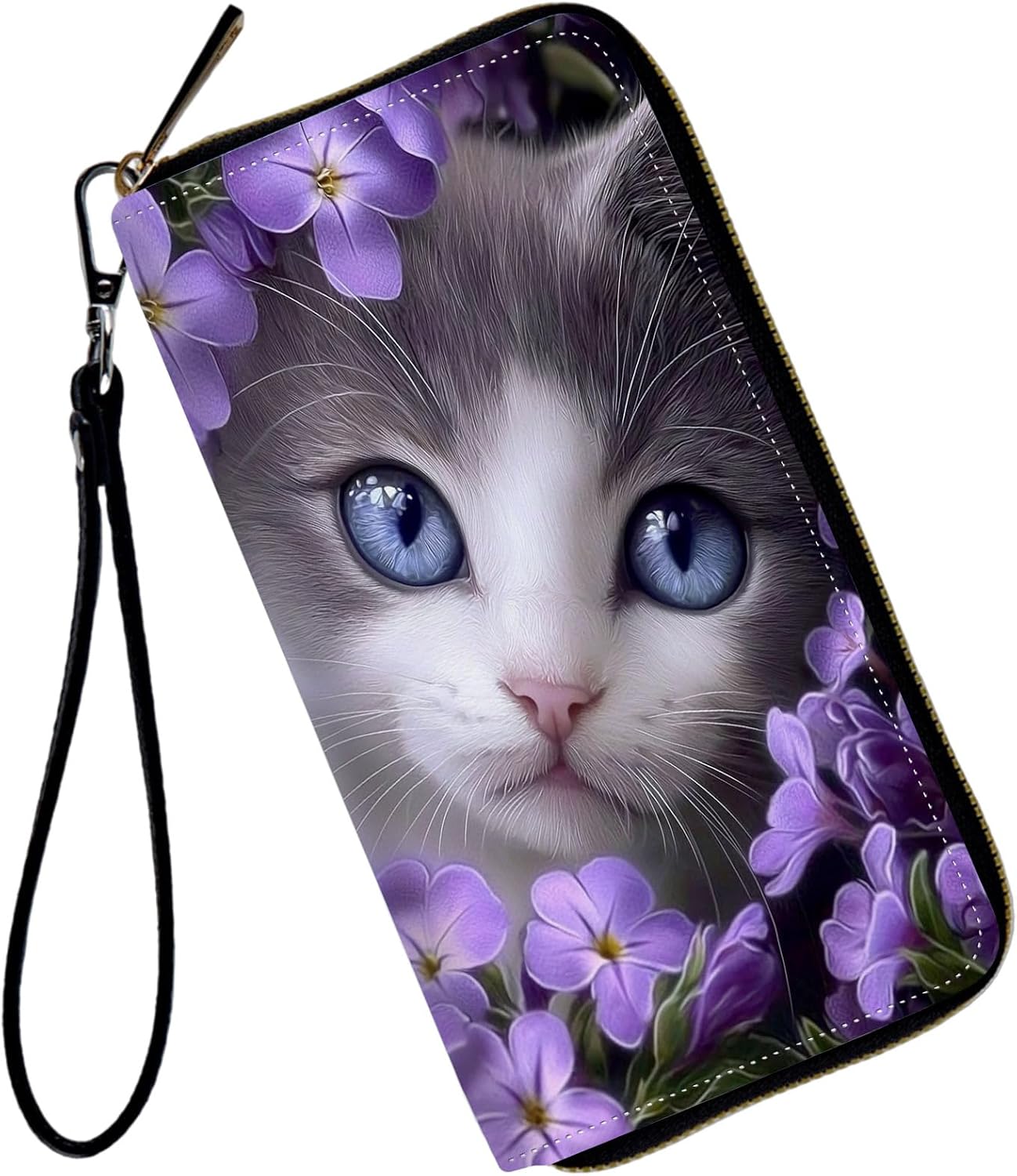 Ladies Wallet,Clutch Purses for Women Wallets Leather Credit Card Holder for Women Wristlet Slim Small Cute with Zipper,Thin RFID Blocking with Wrist Strap,Purple Cat Flower