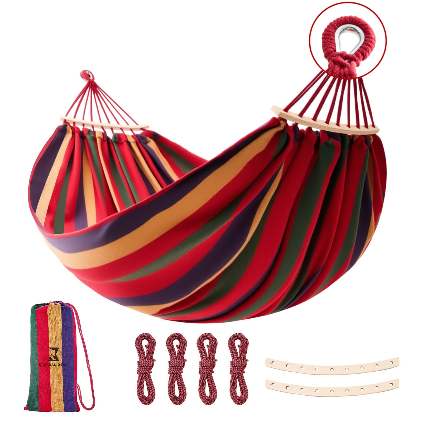 Hamaca, hamaca de lona de algodón, hamaca portátil para acampar con bolsa de transporte, dos cuerdas de mosquetón de metal antivuelco y correas de árbol, ideal para interiores, patio, camping,