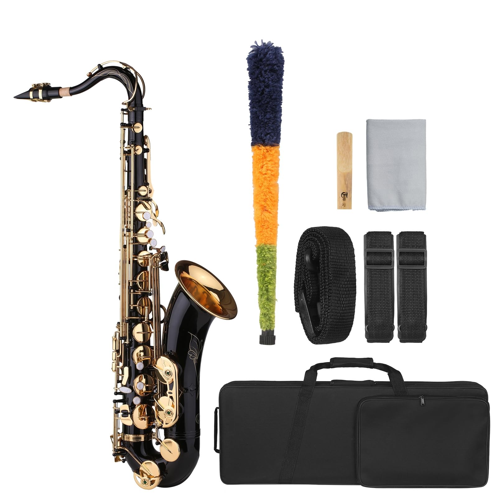Saksofon Tenorowy Bb, Czarny Lakierowany Saksofon, Czarny Tenorowy Bb, Mosiądz z Grawerem Kwiatowym, Klawisze z Masy Perłowej, Twarde Etui, Akcesoria dla Muzyków,