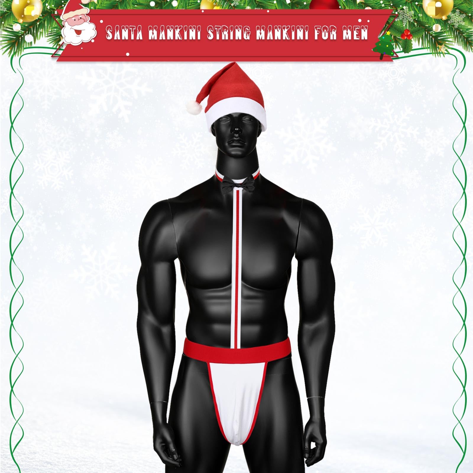 Hestya 2 Pcs Christmas Hat Set Adults Xmas Santa Bodysuit with Hat for Men Funny Christmas Outfits Costumes One Size(Red,Black Bow) - Image 4
