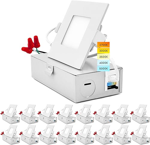 LUXRITE Paquete de 16 luces LED empotrables cuadradas ultrafinas de 3 pulgadas con caja de conexiones, 8 W, CCT seleccionable por color 2700 K  3000