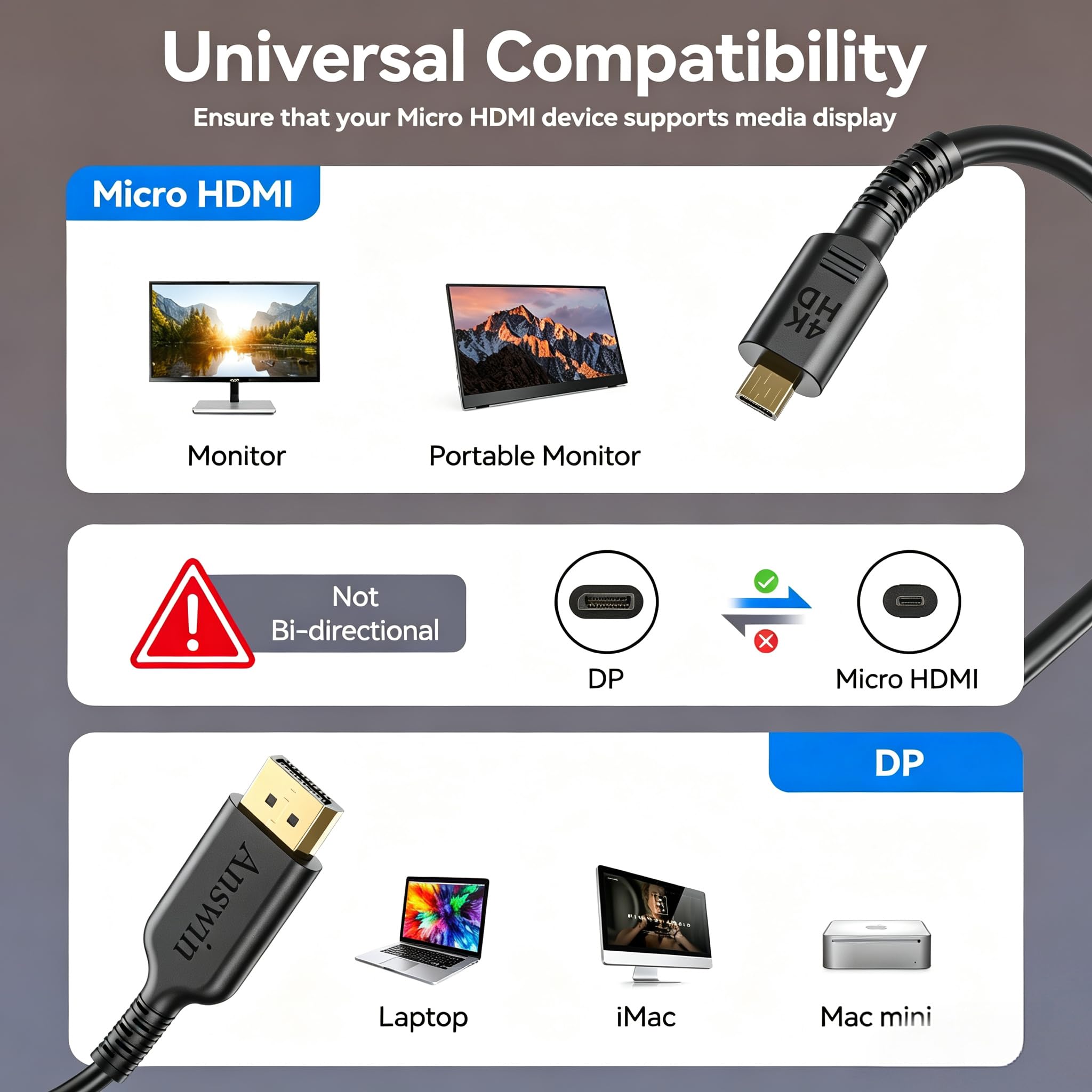 Câble DisplayPort vers micro HDMI, unidirectionnel, 4K @ 60 Hz, 2K @ 120 Hz 1,5 m DP vers micro HDMI pour Dell, ordinateur de bureau, AMD, NVIDIA vers ASUS XG17AHP, moniteur portable