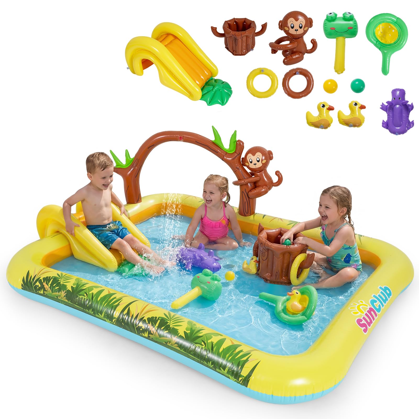 COSTWAY Piscine Gonflable Enfants Jungle avec Toboggan et Arroseur, Aire de Jeu Pataugeoire avec Jeu de Lancer d'Anneaux et Jouet Singe et Hippopotame pour Jardin Balcon Plage, 2-6 Ans, 207x168x77cm