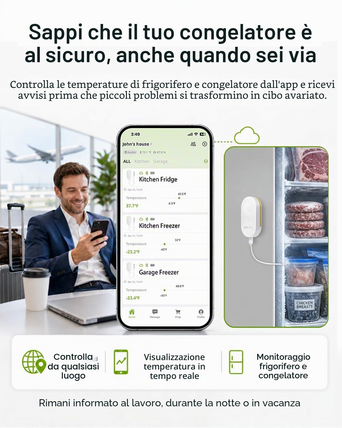 MOCREO Termometro WiFi per frigorifero con allarme congelatore, avviso e-mail, notifica app, esportazione di registrazione dati, senza costi di abbonamento, 2 sensori di temperatura remoti per cucina