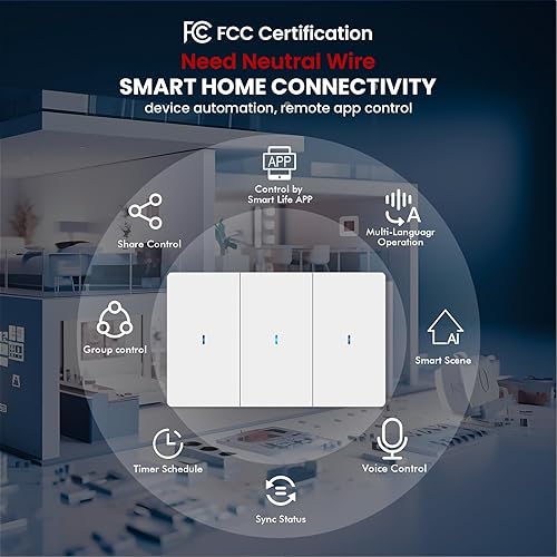 Miniatura 3 de Interruptor inteligente de 4.646 x 2.835 x 1.496 in, necesita cable neutro, WiFi de 2.4 GHz, interruptor de botón de plástico, función de
