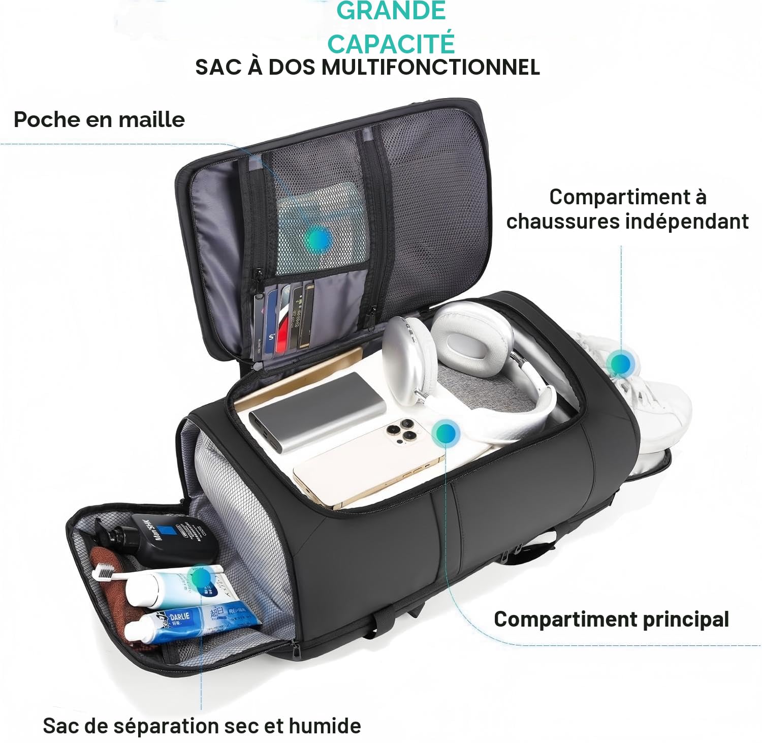 BG FUTURE AESTHETICS Sac à Dos de Voyage 40 L avec Compartiment à Chaussures, Bagage à Main pour Le Week-End, homologué par Les Vols, léger et étanche pour Ordinateur Portable de 15,6 à 17,3", Noir,