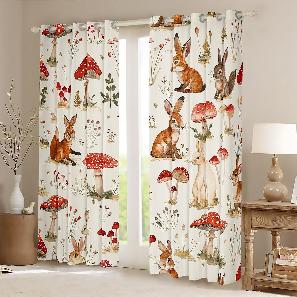 Cartoon Mushroom Window Curtains 2 Panels 38Wx54L Cute Rabbit Fox Watercolor Animals Window Drapes for Kids Boys Girls Teens Lovely Red Mushroom Leaves Jungle Style Curtains for Living Room