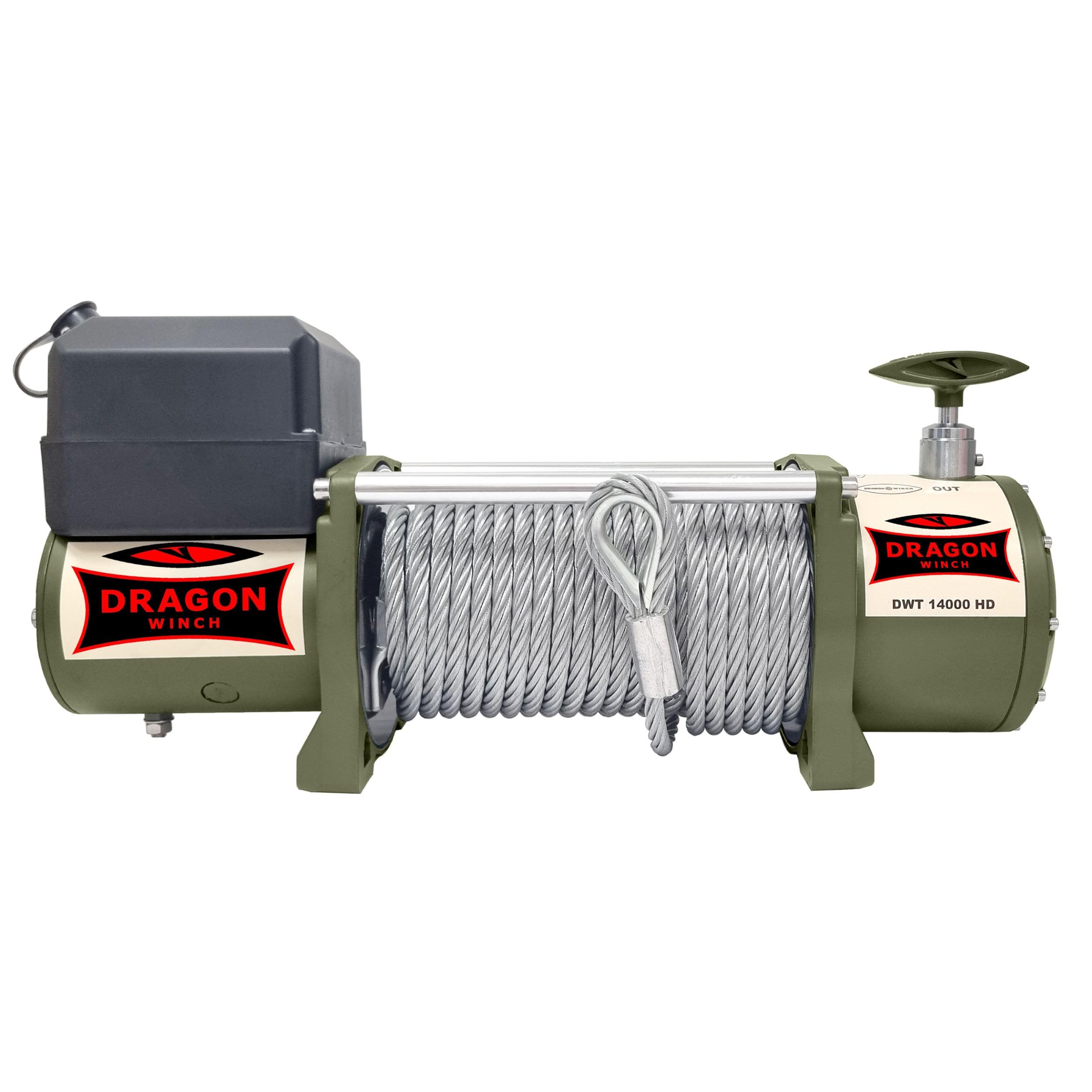Dragon Winch Cabrestante eléctrico 24V 14000 lbs / 6350 kg con Cuerda de acero 30m para camiones, vehículos comerciales, bomberos | con control remoto inalámbrico y accesorios para Cabestrante | Truck