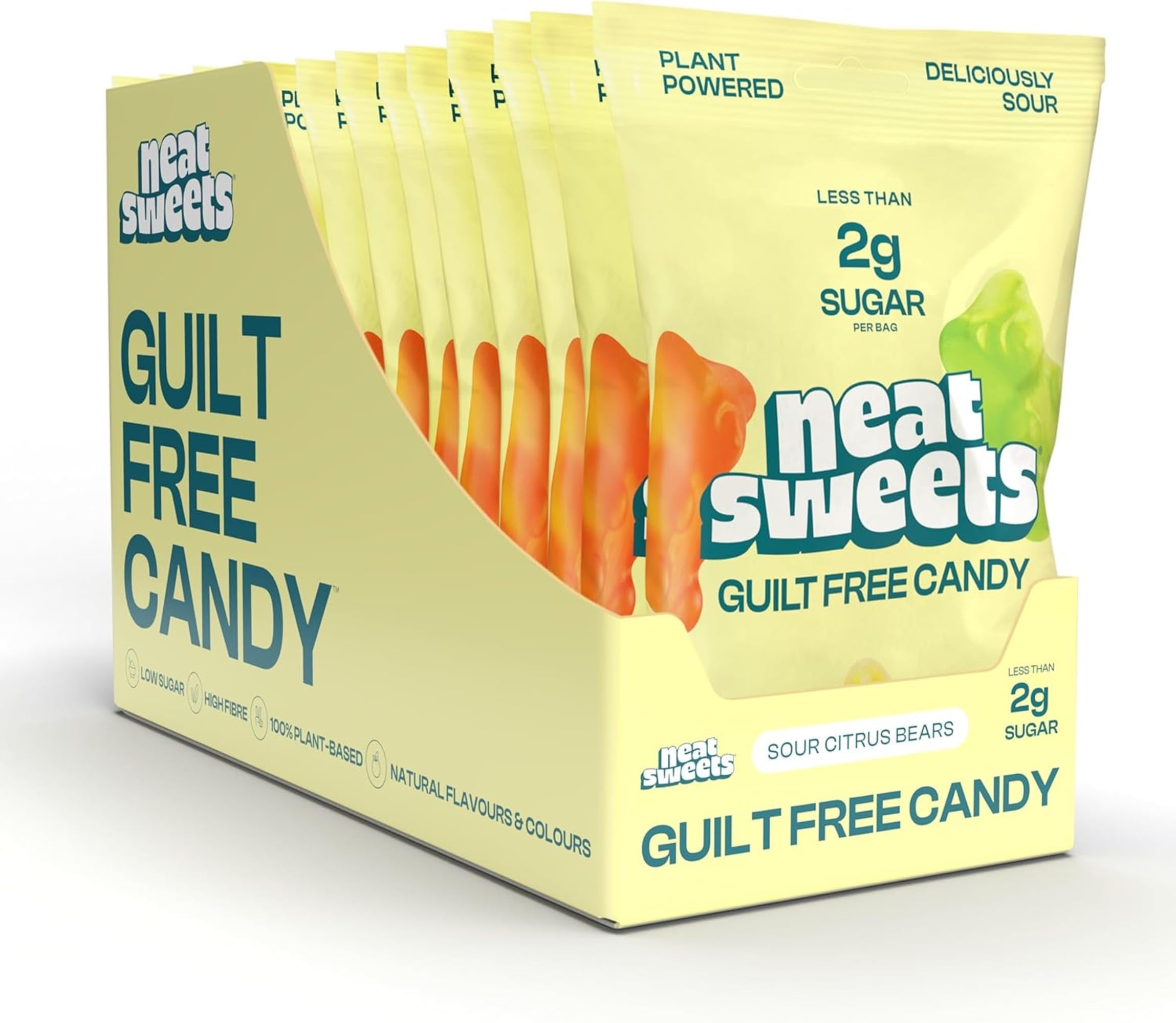 NeatSweets Vegan Sweets with Low Sugar - High Fibre, Gluten Free Plant Based Gummy Bears - 1.6g of Sugar per 50g Low Calorie No Added Sugar Guilt-Free Delicious Candy (Pack of 12, Sour Citrus)