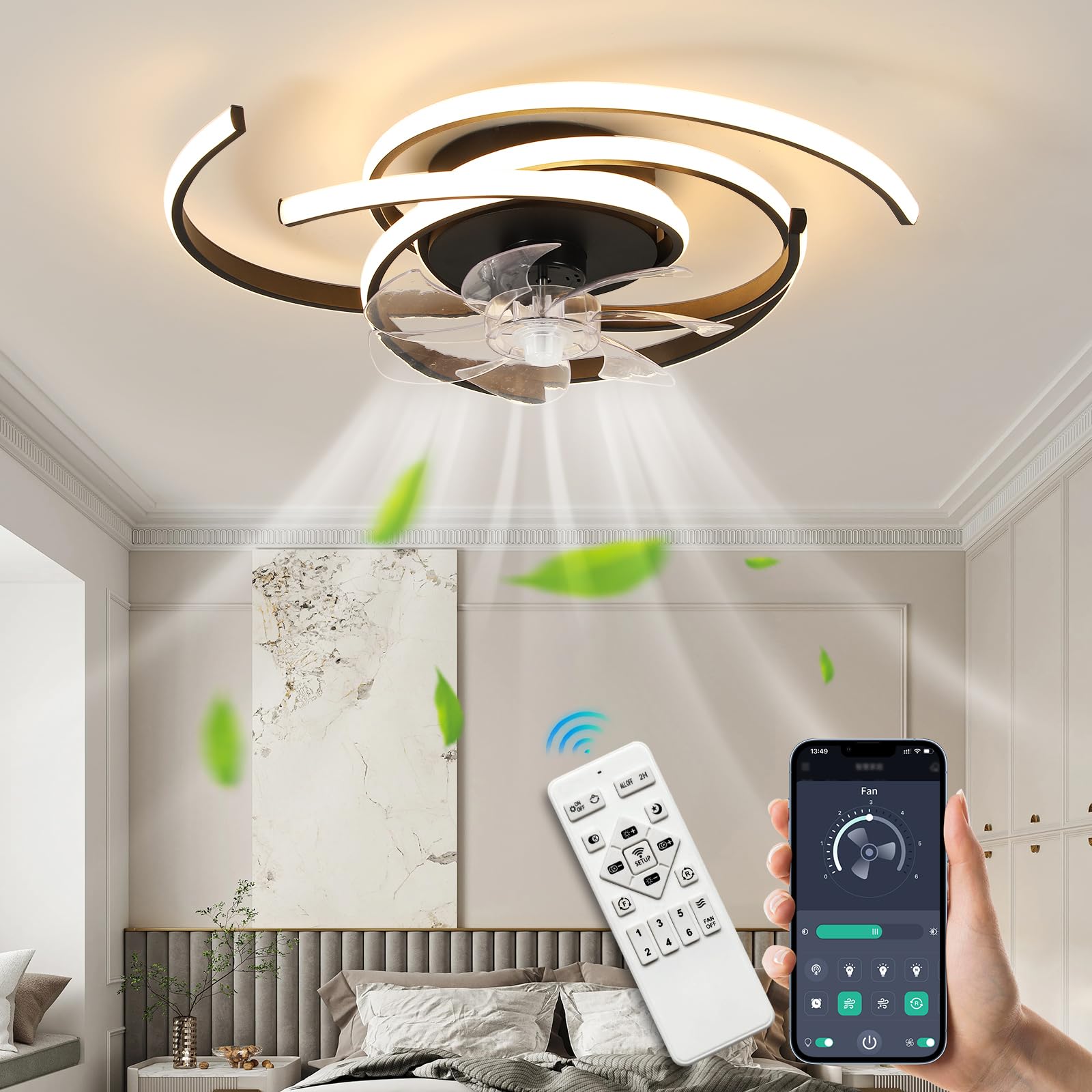 LED-Beleuchtung mit stummem Deckenventilator 45 W Deckenleuchte mit Ventilatorlicht, App und Fernbedienung, kreative Form Acrylschirm (weiß) Wohnzimmer Schlafzimmer Küche (weiß)