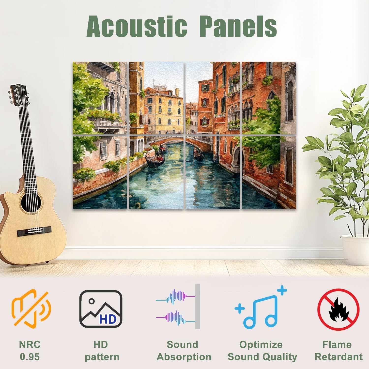 8 Pack Art Acoustic Panels Self Adhesive Italy Panoramic Coast Painting Pastel Houses Sea View Decorative Soundproof Wall Panels Sound Absorbing Panel 48"x32" for Office Home Studio