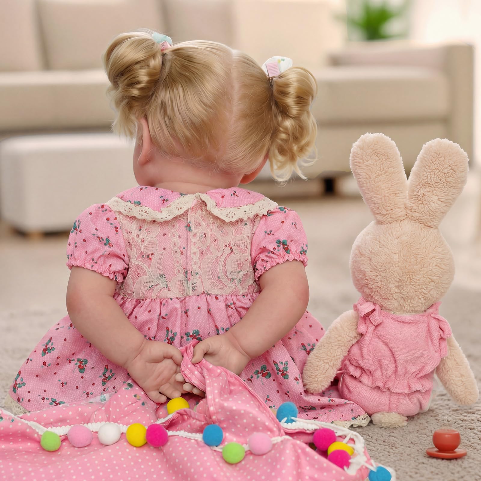 BABESIDE Realistische Babypuppen echte Reborn-Babypuppen 45cm Lebensechte Mädchen Weicher Stoffkörper mit Langen Blonden Haaren, mit Kleidungszubehör für Kinder ab 3 Jahren,Rosa