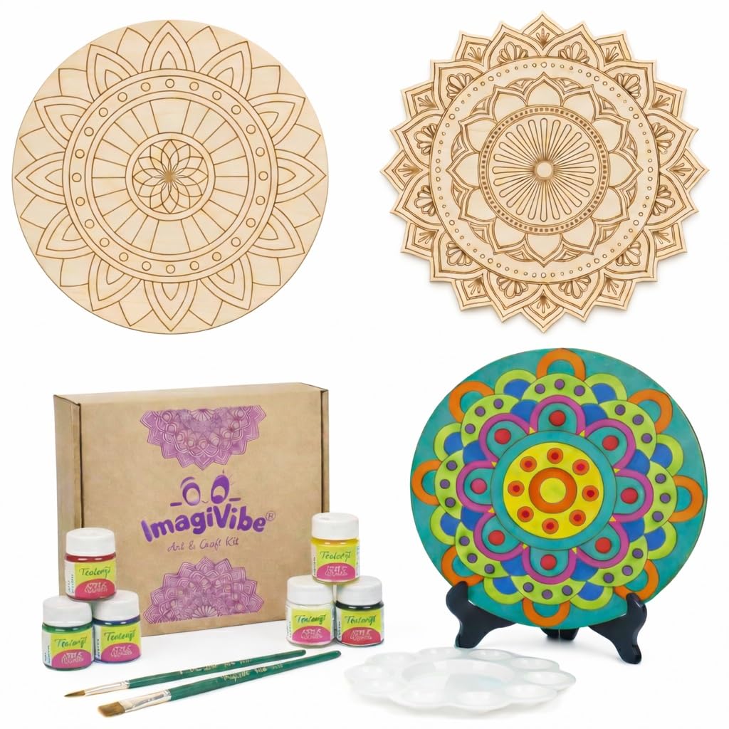 ImagiVibe DIY Mandala Art Painting Kit for Kids & Adults | 3 Pre-Designed 8 Inch MDF Boards with Non-Toxic Acrylic Paints | Creative Coloring & Painting Art & Craft Kit | Ideal for Artists, Students