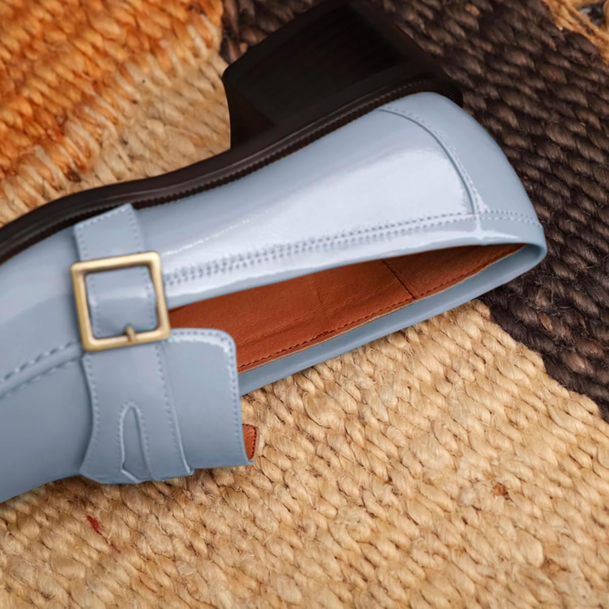 MOOMMO Women Chunky Heel Penny Loafers Square Toe Buckle Slip On 2" Stacked Block Heel Dress Loafers Oxfords Office Ladies Comfortable Classic Loafer Pumps Patent Light Blue 9.5 M US - Image 3