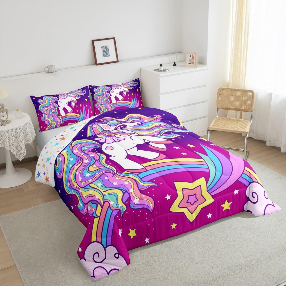 Feelyou Galaxy Unicorn Comforter Set - Queen Size, Star Rainbow, Cute Unicorn Quilt Set (3Pcs)