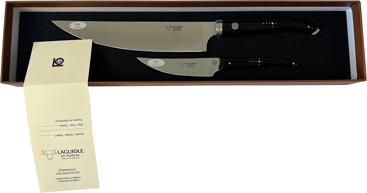 Laguiole en Aubrac Cuisine Gourmet Stainless Fully Forged Steel Made In France Essential 2-Piece Premium Kitchen Knife Set With Ebony Wood Handles, 8-Chef Knife And 4-in Paring Knife