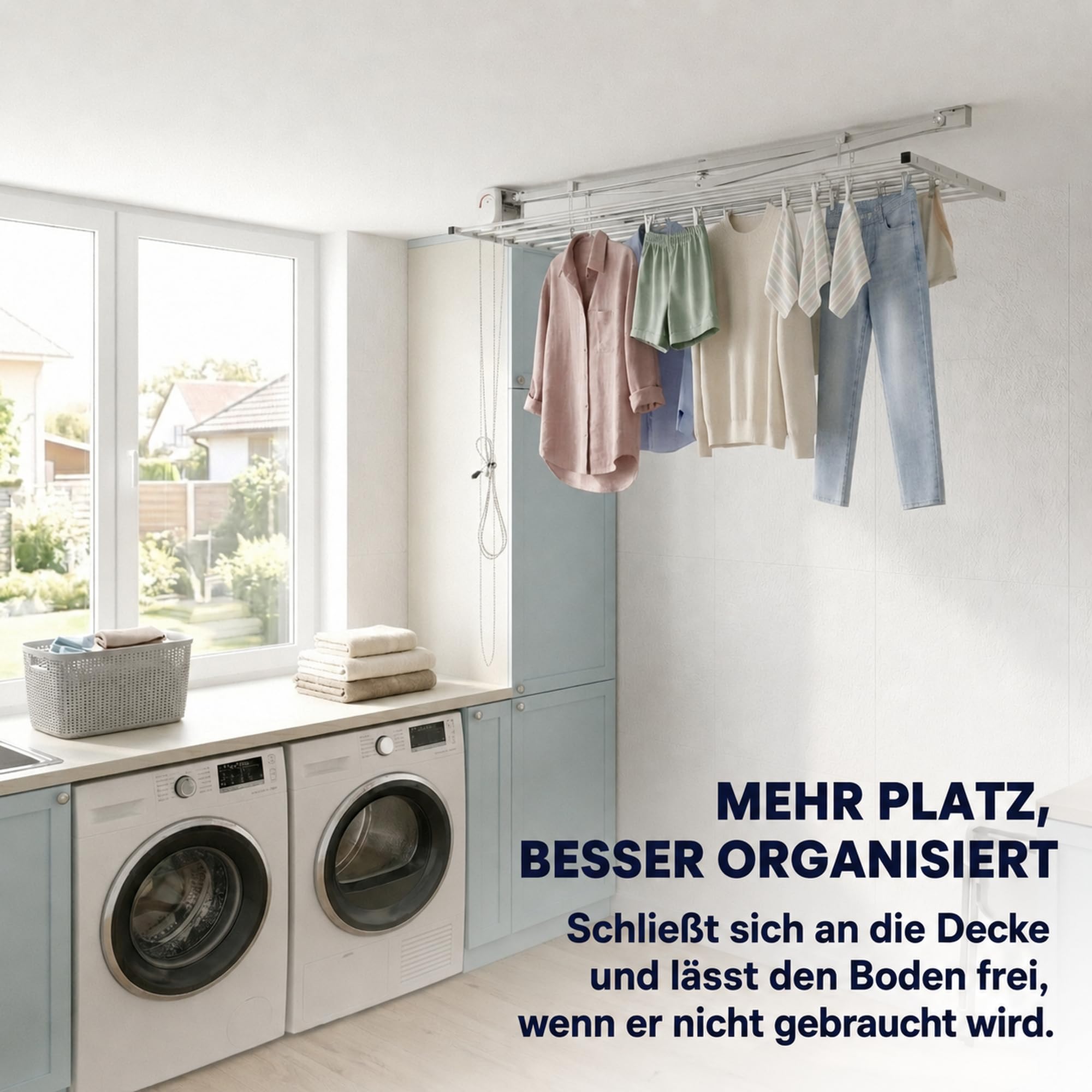 Foxydry Mini, klappbarer wäscheständer, deckenmontage, 128 cm | aus aluminium und edelstahl, platzsparend, für innen- und außenbereich, rostfrei, vertikales liftsystem, trägt 10 kg, grau