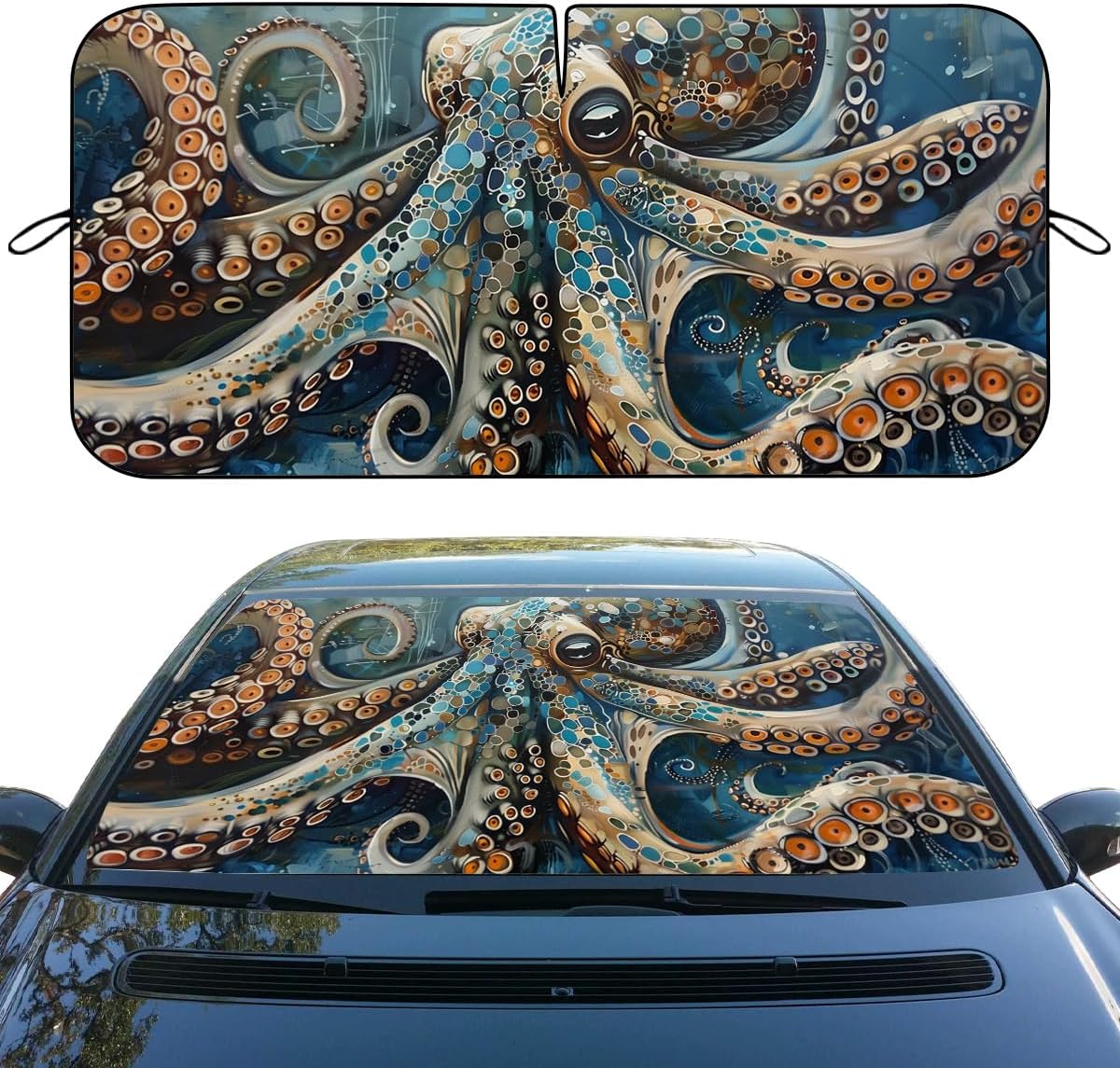 Ocean Octopus Car Windshield Sunshades Marine Life Sea Nautical Heatshield Front Window Car Sun ​Shade Windshield Blocks UV Rays Sun Visor Protector for Car Sedan Truck SUV Accessories 59x31.5 Inch