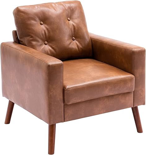 Miniatura 7 de VESCASA Silla con brazo copetudo con patas de madera, piel sintética sintética cómoda y tapizada, sofá individual tapizado, silla lateral moderna de