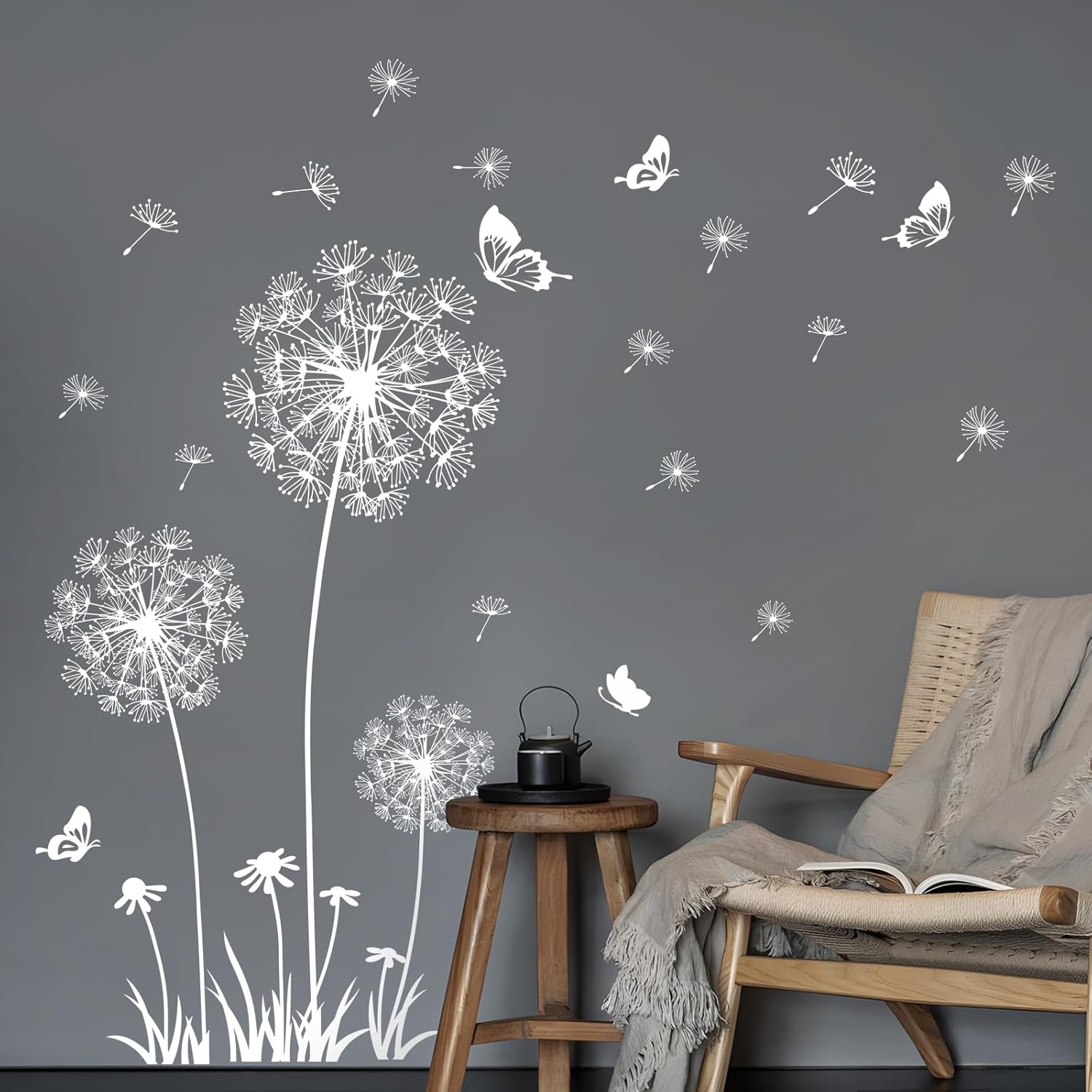 2 Sheets Dandelion Wildflower Wall Decals Art, Wall Stickers Peel and Stick Floral Butterflies Flying Decor for Girls Kids Women Baby Nursery Living Room Bedroom Bathroom Hallway Stairwell (White)