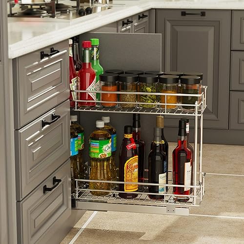 Vista 14 de LOVMOR Organizador de gabinete extraíble de 2 niveles, 14 pulgadas de ancho x 21 pulgadas de profundidad, cajón extraíble cromado para gabinete Plata
