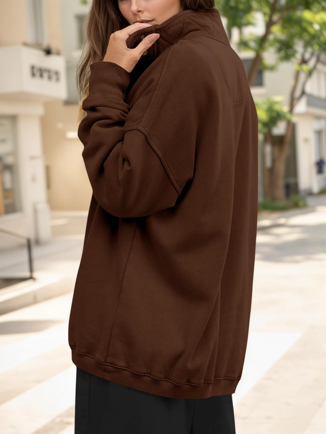 Fisoew Womens Oversized Sweatshirt Casual Snap Stand Collar Long Sleeve Pullover Tops Fall Travel Outfits - Image 3