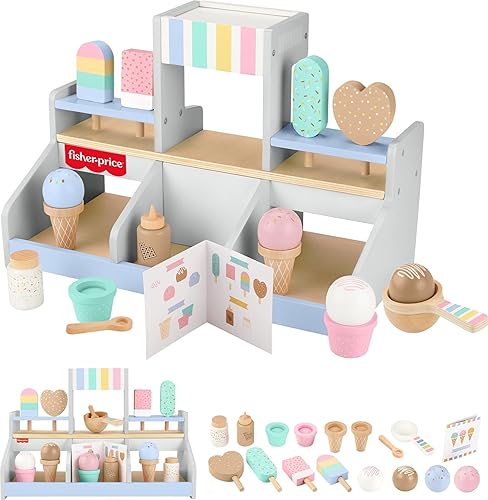 Miniatura 7 de Fisher-Price Wood Pretend Play Coffee Shop & Toy Register, juego de comida de madera de 20 piezas para niños preescolares a partir de 3 años