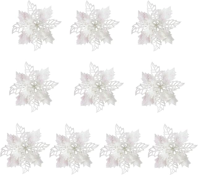 LEMCC 10PCS Artificial Poinsettia Christmas Flower Decor with Clips White Poinsettia Flowers Glitter Christmas Tree Ornaments for Xmas Wedding Party Wreath DIY, 11cm/4.3inch(58379773-9293-1413459621)