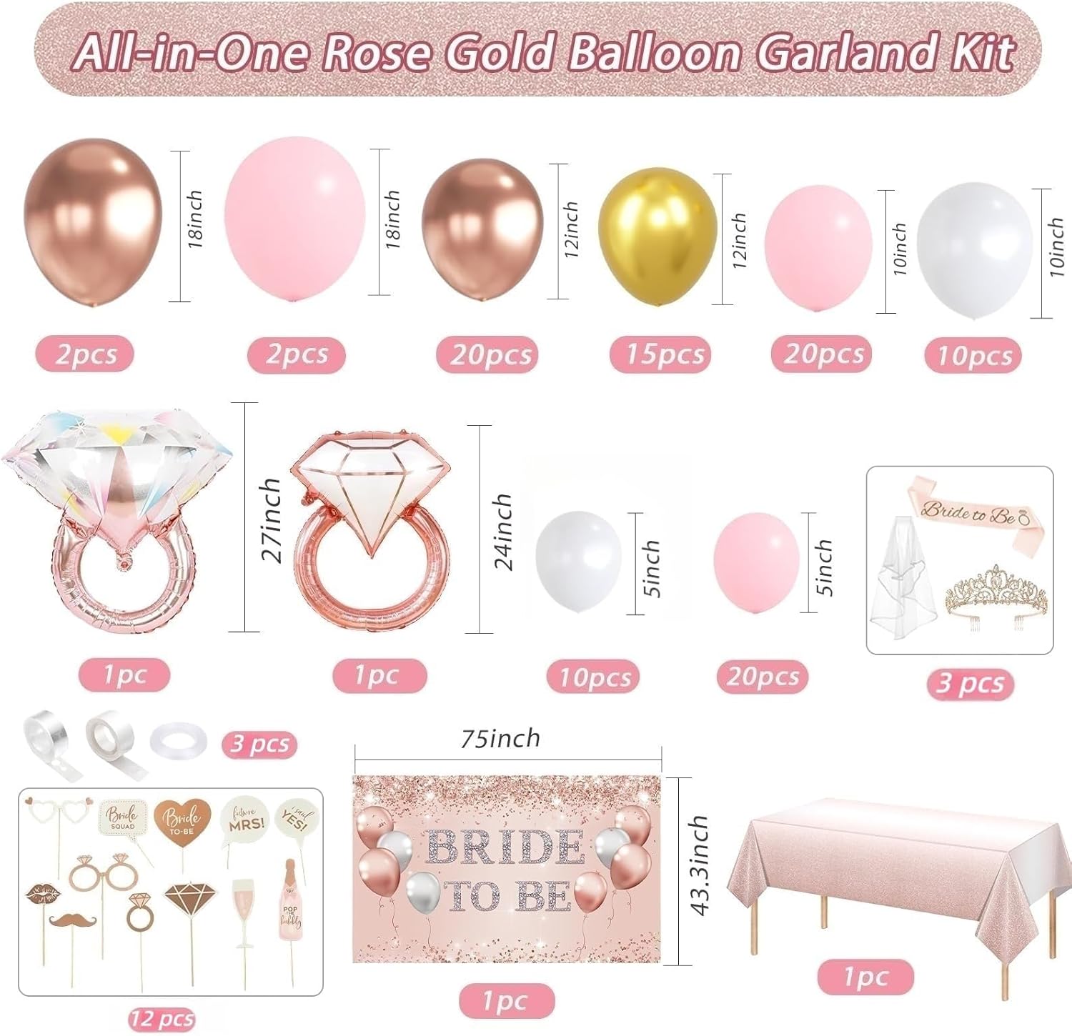 121 Pcs Bachelorette Party Decorations Kit Rose Gold Bridal Shower Balloons Decor Bride to Be Backdrop, Sash, Veil, Crown, Diamond Ring Foil Balloons, Photo Booth Props Supplies - Image 2