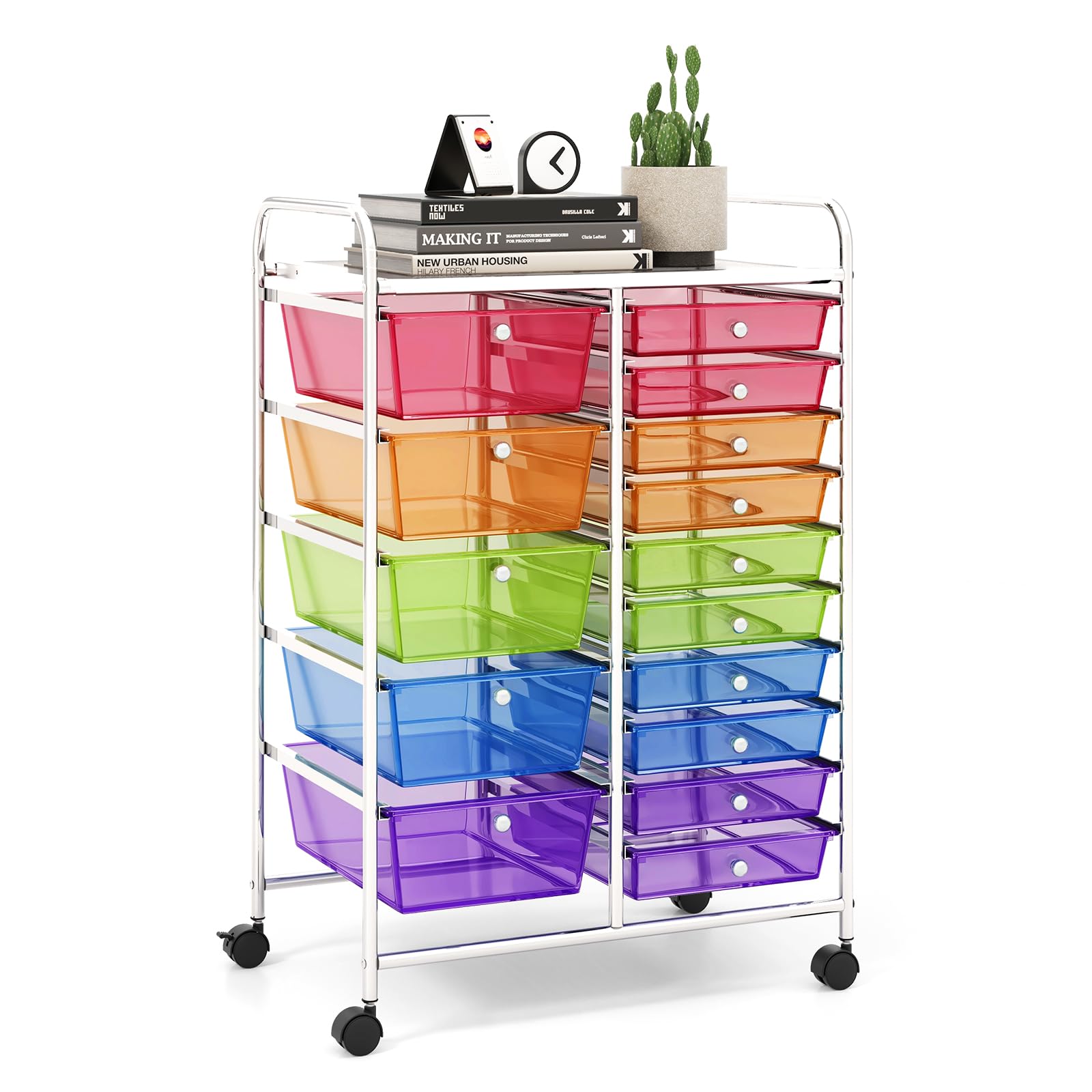 LDAILY 15 Drawer Rolling Storage Cart, Rolling Cart with Drawers for Classroom, Art Supply Craft Organizer on Wheel with Metal Frame &amp; Handles for Home Office School