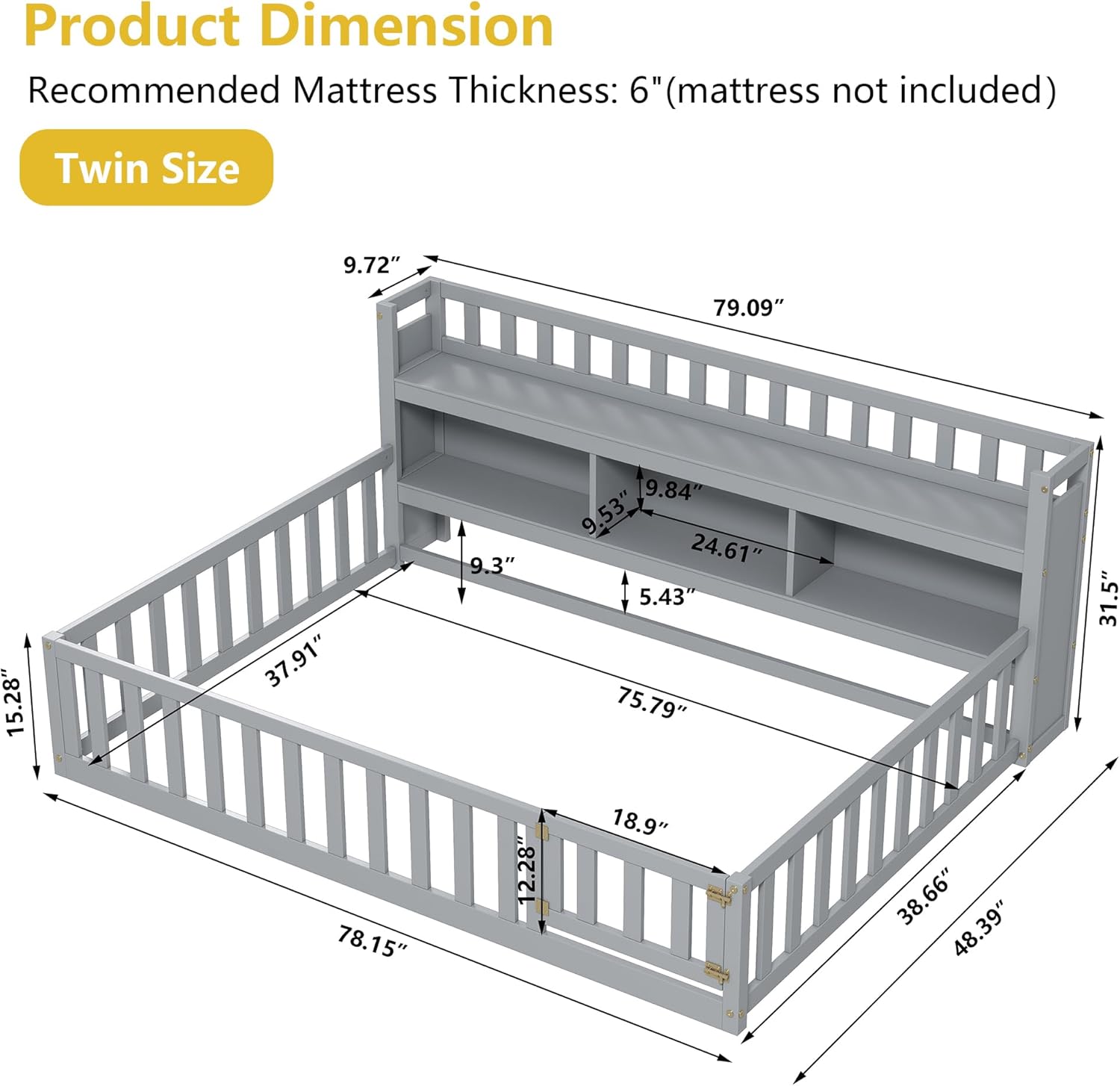 Aoowow Twin Size Montessori Floor Bed, Kids Twin Bed Frame with Bedside Bookcase and Doors, Wood Floor Playhouse with Guardrail for Boys Girls, Grey