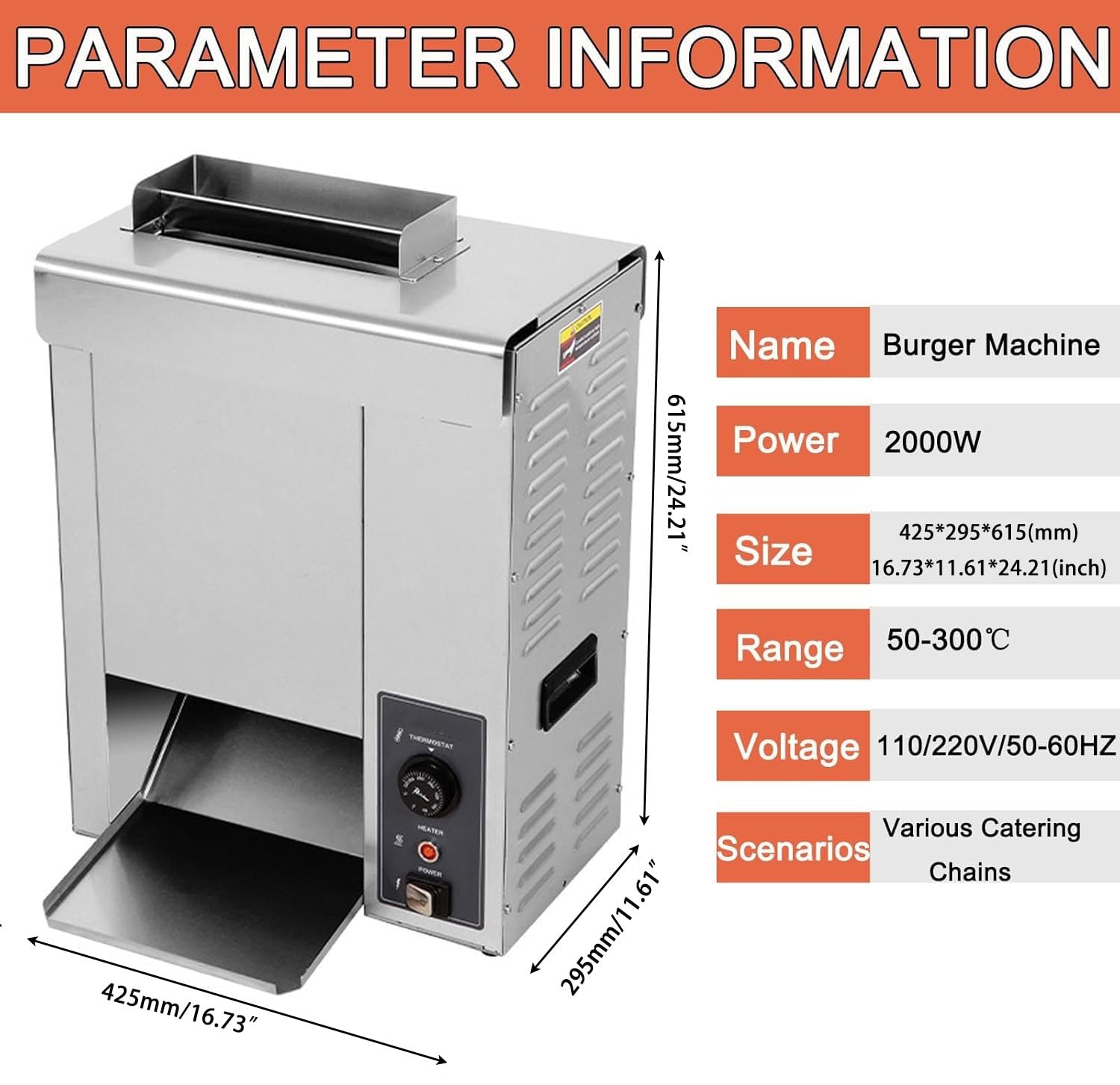 Tostador de Pan Vertical Temperatura Ajustable 50-300°C, Máquina Hacer Hamburguesas 2000W Power, Plancha Profesional Acero Inoxidable 304