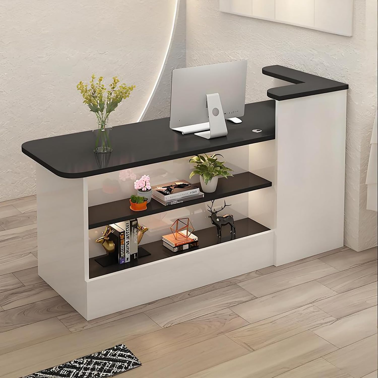 Modern Wooden Reception Desk with LED Lights, Storage Cabinet & Lockable Drawer, Front Counter Table for Office, Salon, Lobby and Retail