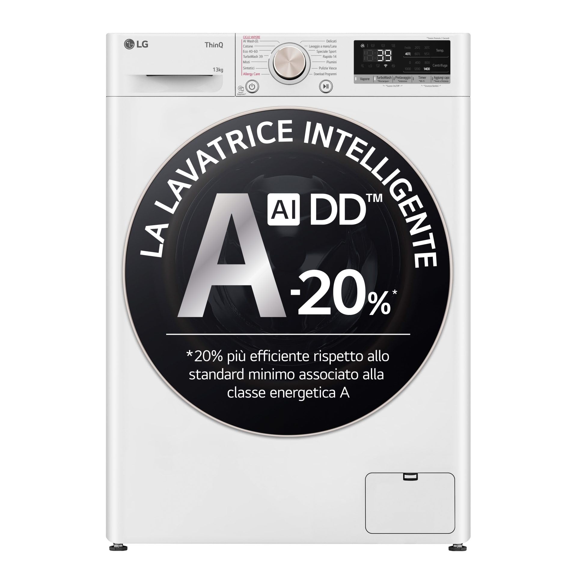 LG AI DD F4R7013TSWG Waschmaschine 13 kg, Frontlader, Serie R7, Waschmaschine Klasse A -20%, 1400 U/min, TurboWash 360, Dampf auf 7 Programmen, WLAN, Inverter Direct Drive, freistehend, Weiß