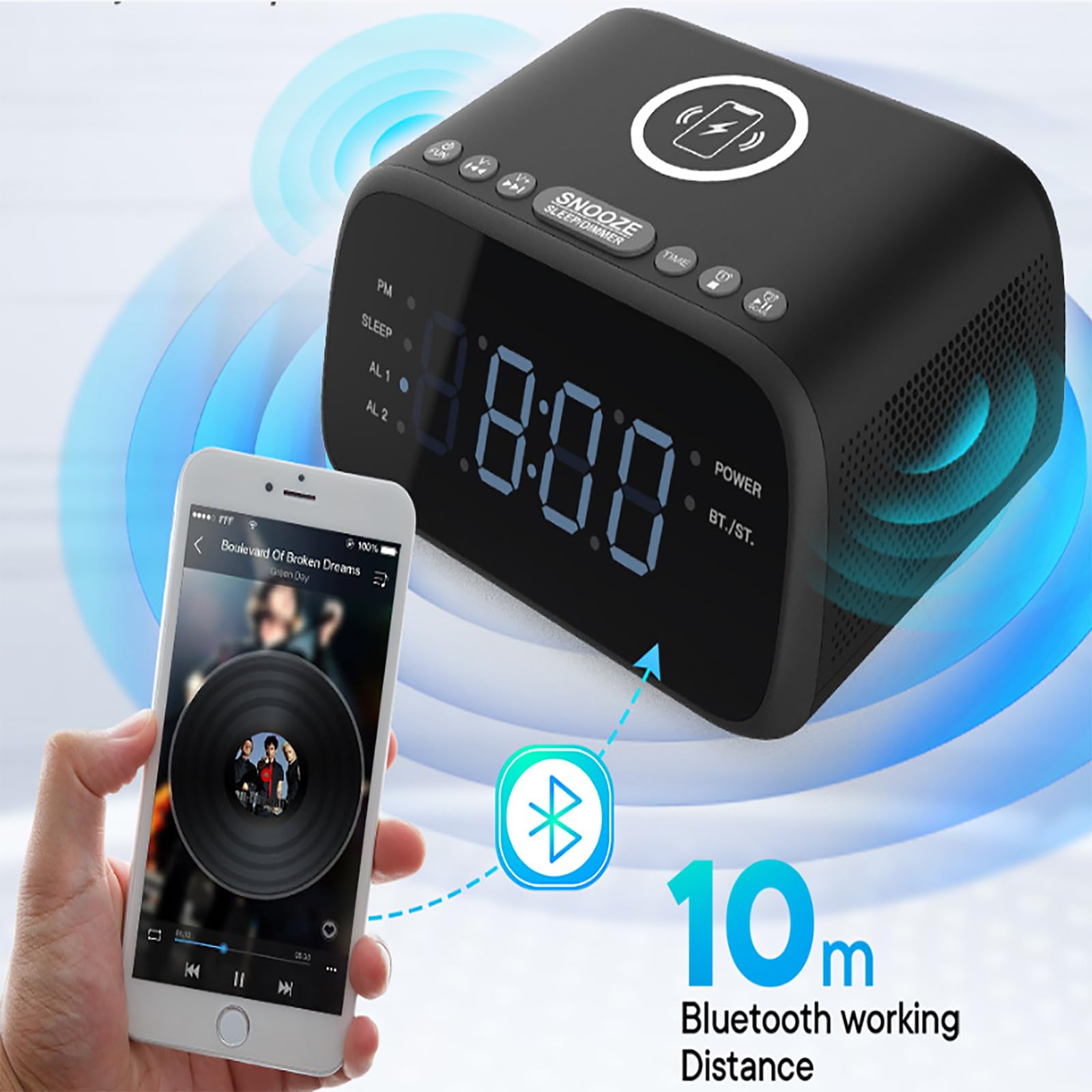 ERICAT Haut-Parleur Bluetooth avec Réveil Numérique, Haut-Parleur De Réveil Intelligent, Radio-réveil FM, Veilleuse LED Réglable Et 3 Niveaux De Luminosité, Facile À Utiliser, pour Chambre, Maison