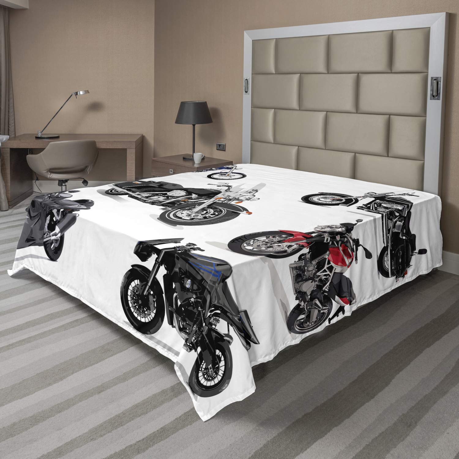 Lunarable Motorcycle Flat Sheet, Unique Original Motorcycles Set Freestyle Action Life Winged Wheels Hobby Print, Soft Comfortable Top Sheet Decorative Bedding 1 Piece, Queen Size, Multicolor