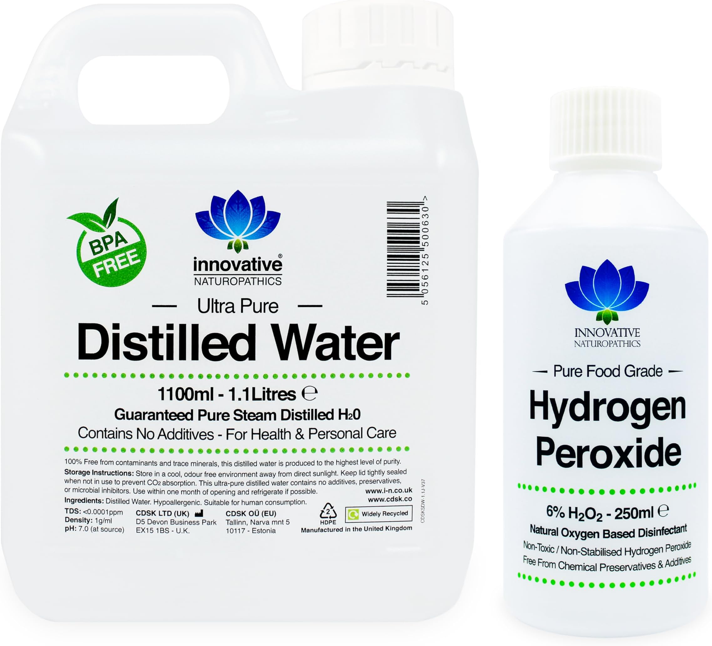 Hydrogen Peroxide and Distilled Water Bundle – Purest Food Grade 6% Hydrogen Peroxide 250ml Bottle – 1.1 Litres of 100% Pure Steam Distilled Water – Additive Free