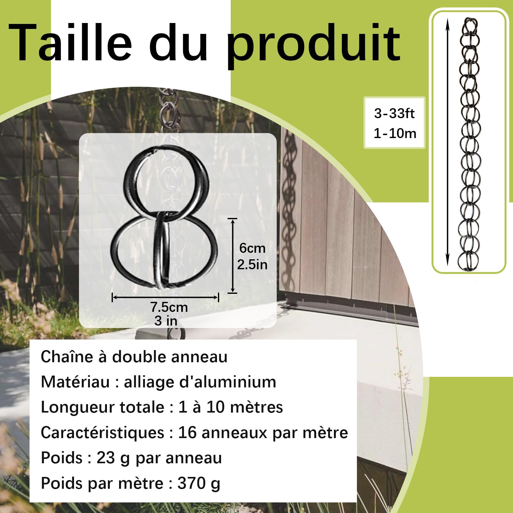 Chaine Gouttiere en Alliage D'aluminium,Chaînes de Pluie Décoratives,Gouttières à Chaîne,Meilleures Chaînes de Guidage de Pluie pour Les Fortes Pluies,pour Toit,Jardin,Abri,Terrasse 1.2m(4ft) Noir