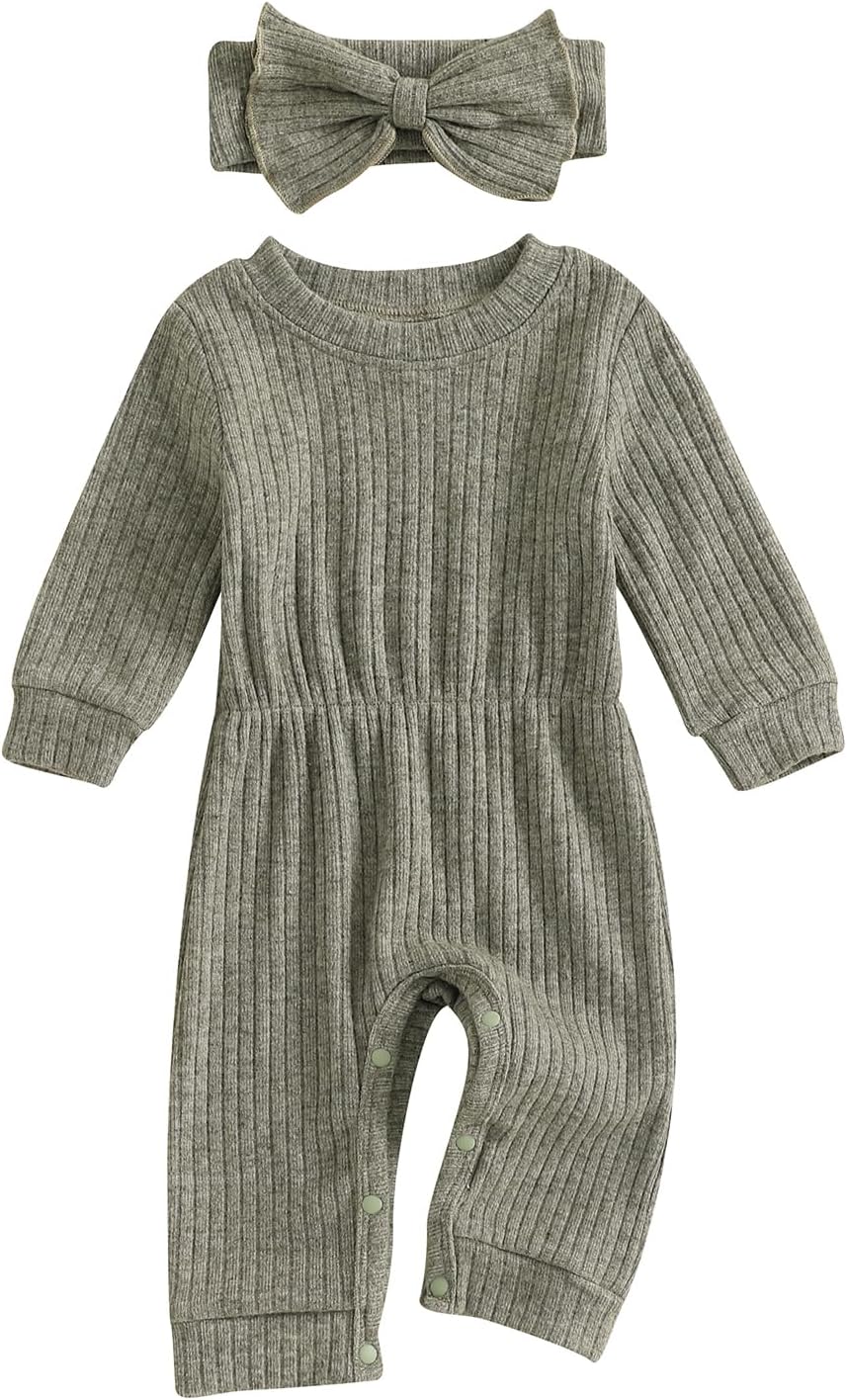 Newborn Baby Girl Coming Home Outfit Fall Winter Knit Long Sleeve Sweater Romper Jumper with Bow Headband