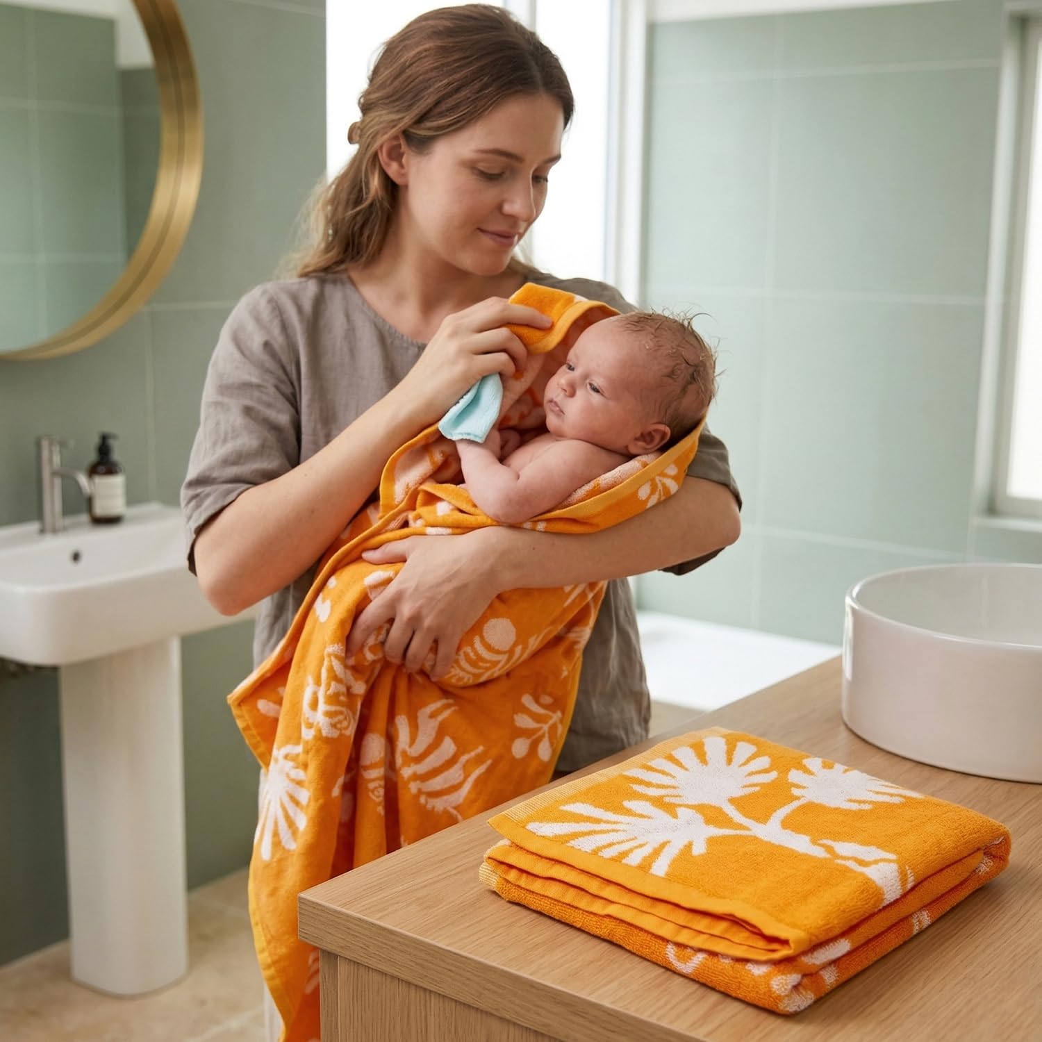 Mee Mee Soft Absorbent Bamboo Cotton Baby Towel | Reversible Baby Towel with Quick Absorb (Orange) 90X90 CM-picture-21